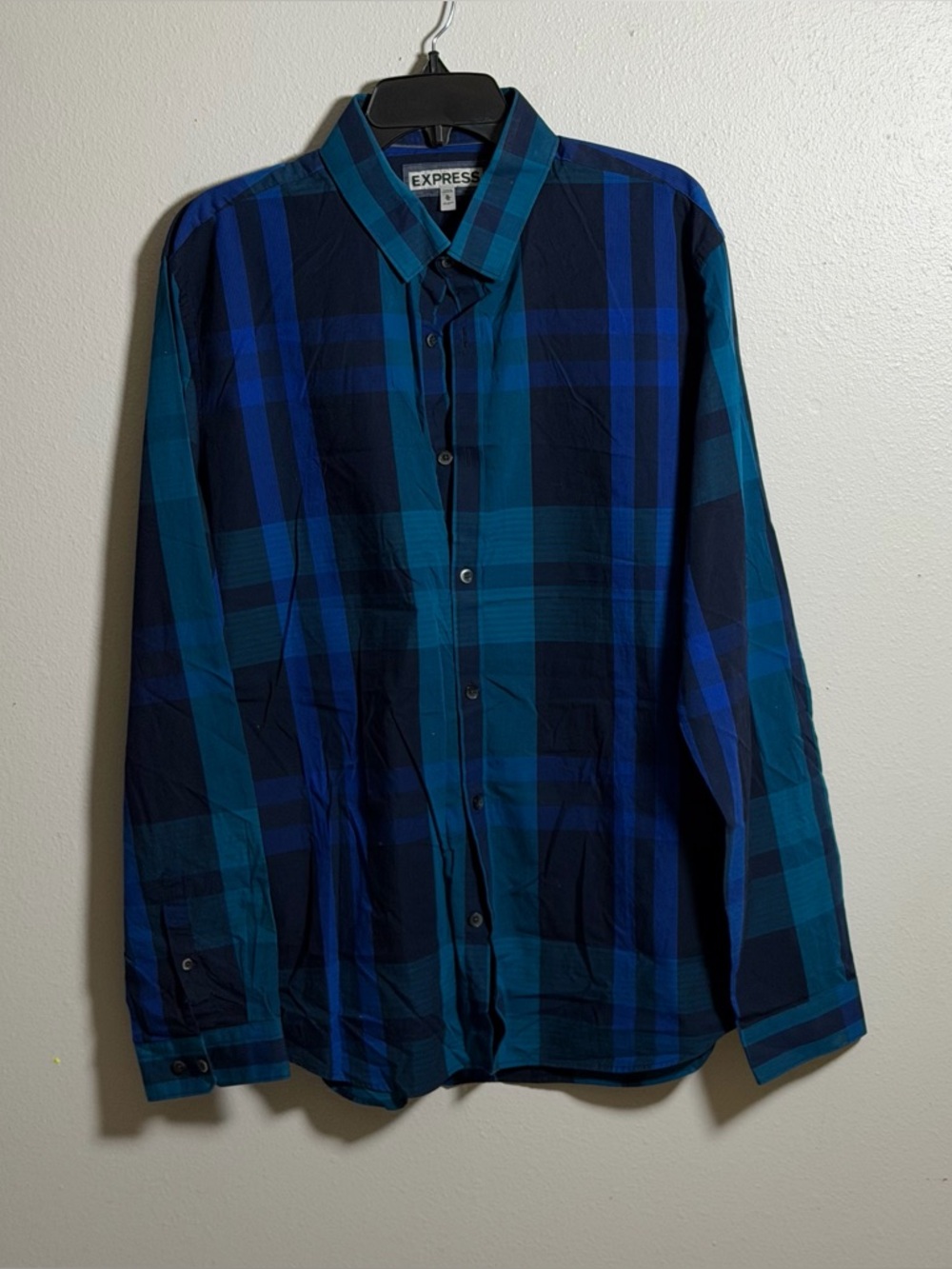 Express Men's Long sleeve Fitted Party Preppy Blue Plaid Button-Up Shirt size XL